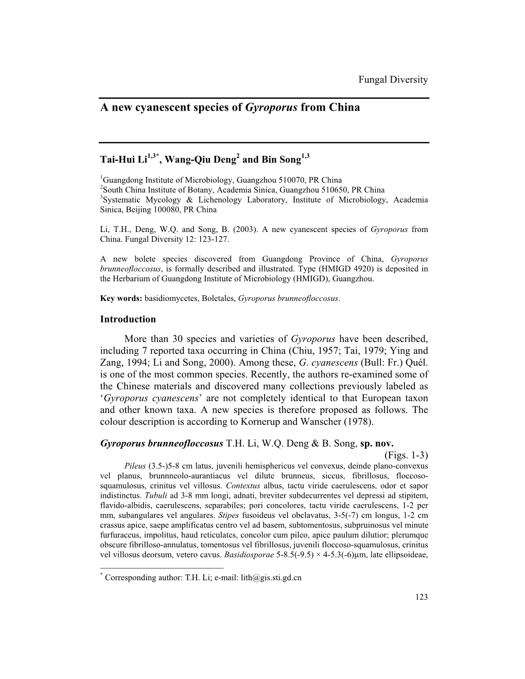 A New Cyanescent Species of Gyroporus from China