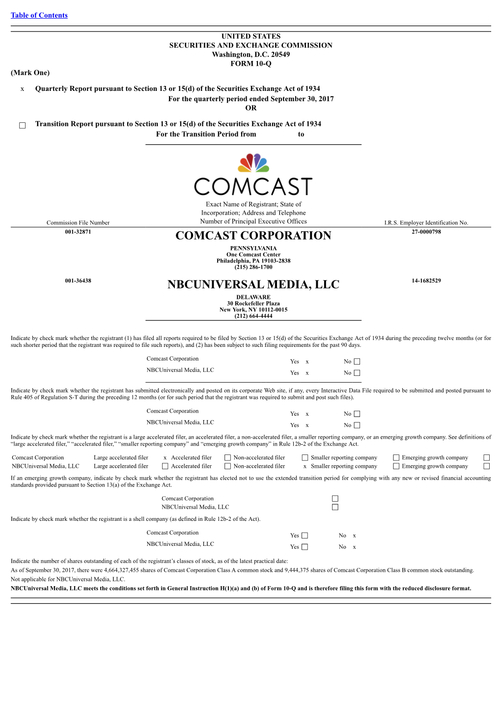 Comcast Corporation Nbcuniversal Media