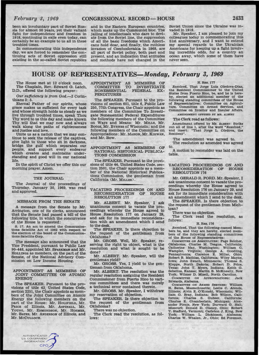 HOUSE of REPRESENTATIVES-Monday, February 3, 1969 the House Met at 12 O'clock Noon