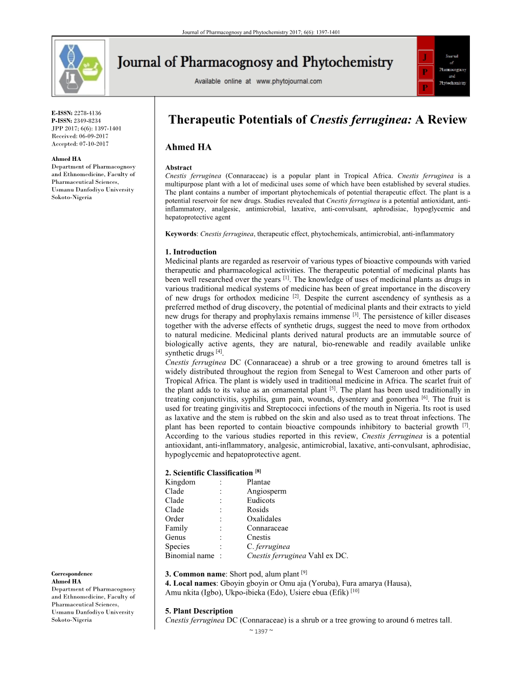 Therapeutic Potentials of Cnestis Ferruginea