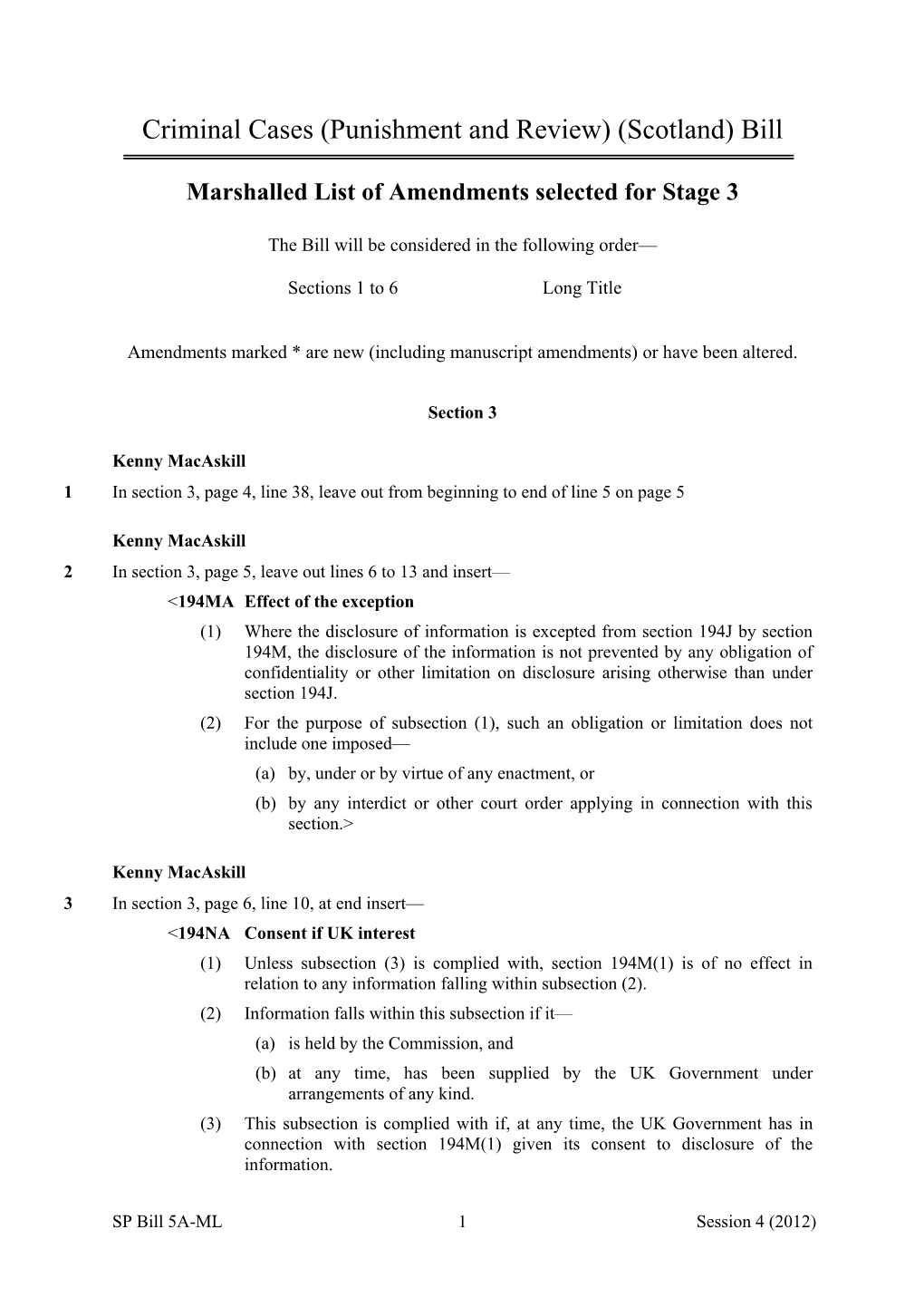 Marshalled List of Amendments Selected for Stage 3