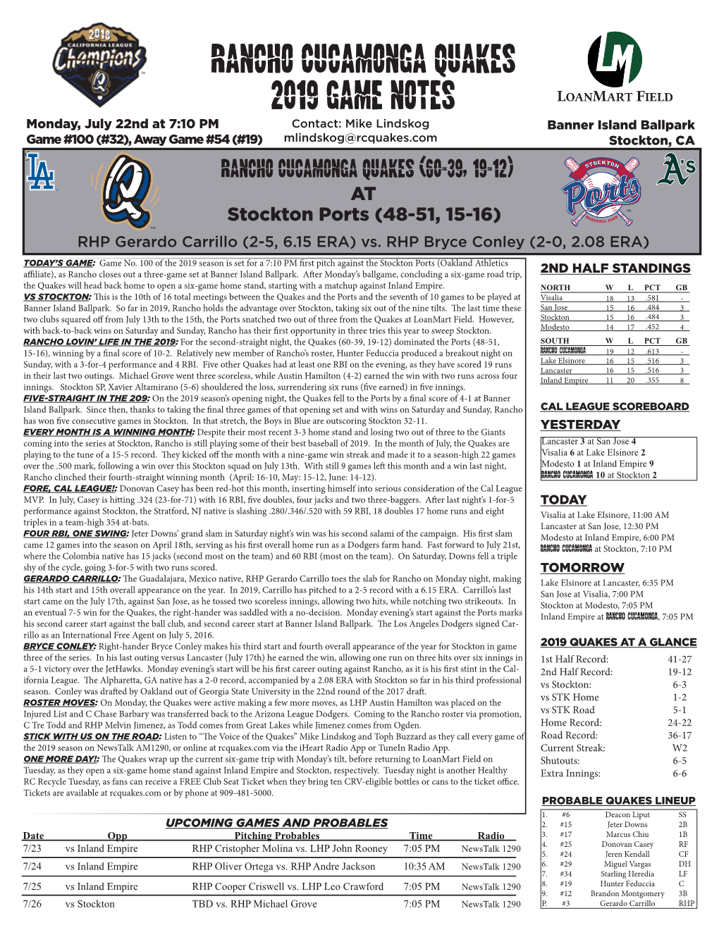 Rancho Cucamonga Quakes 2019 Game Notes