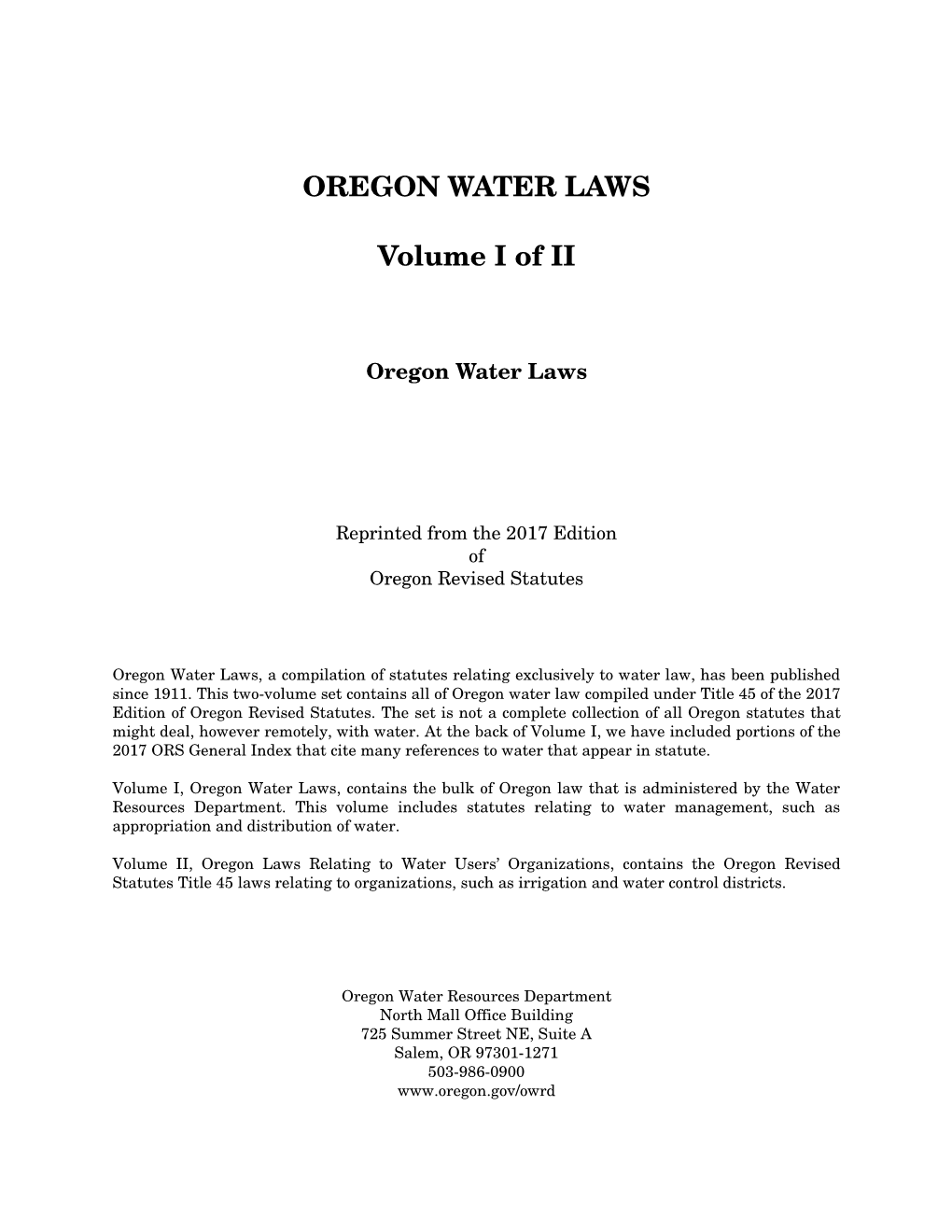 OREGON WATER LAWS Volume I of II