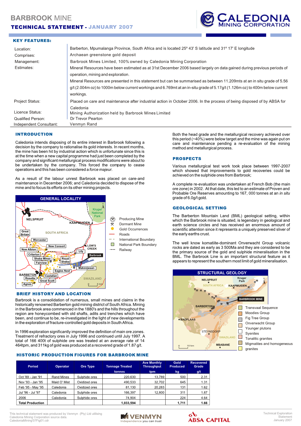 Barbrook Mine Technical Statement - January 2007