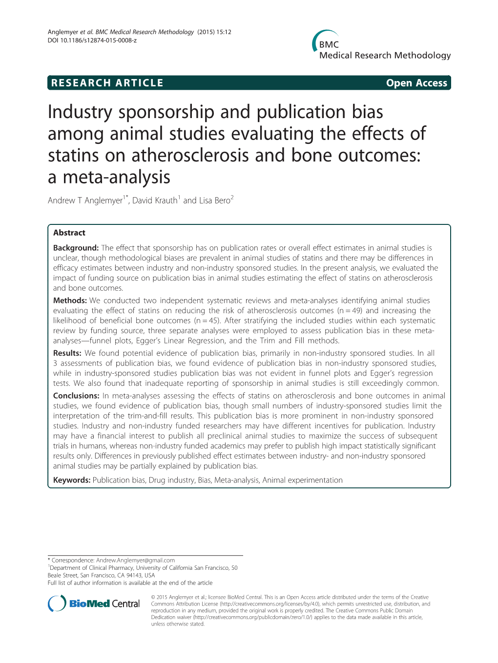 Industry Sponsorship and Publication Bias Among Animal