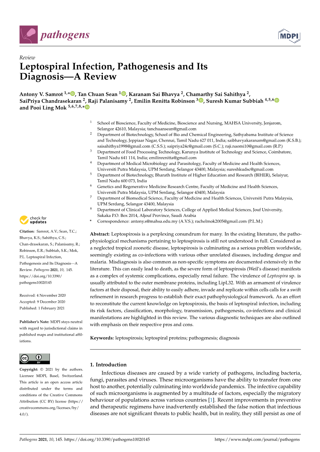 Leptospiral Infection, Pathogenesis and Itsdiagnosis—A Review
