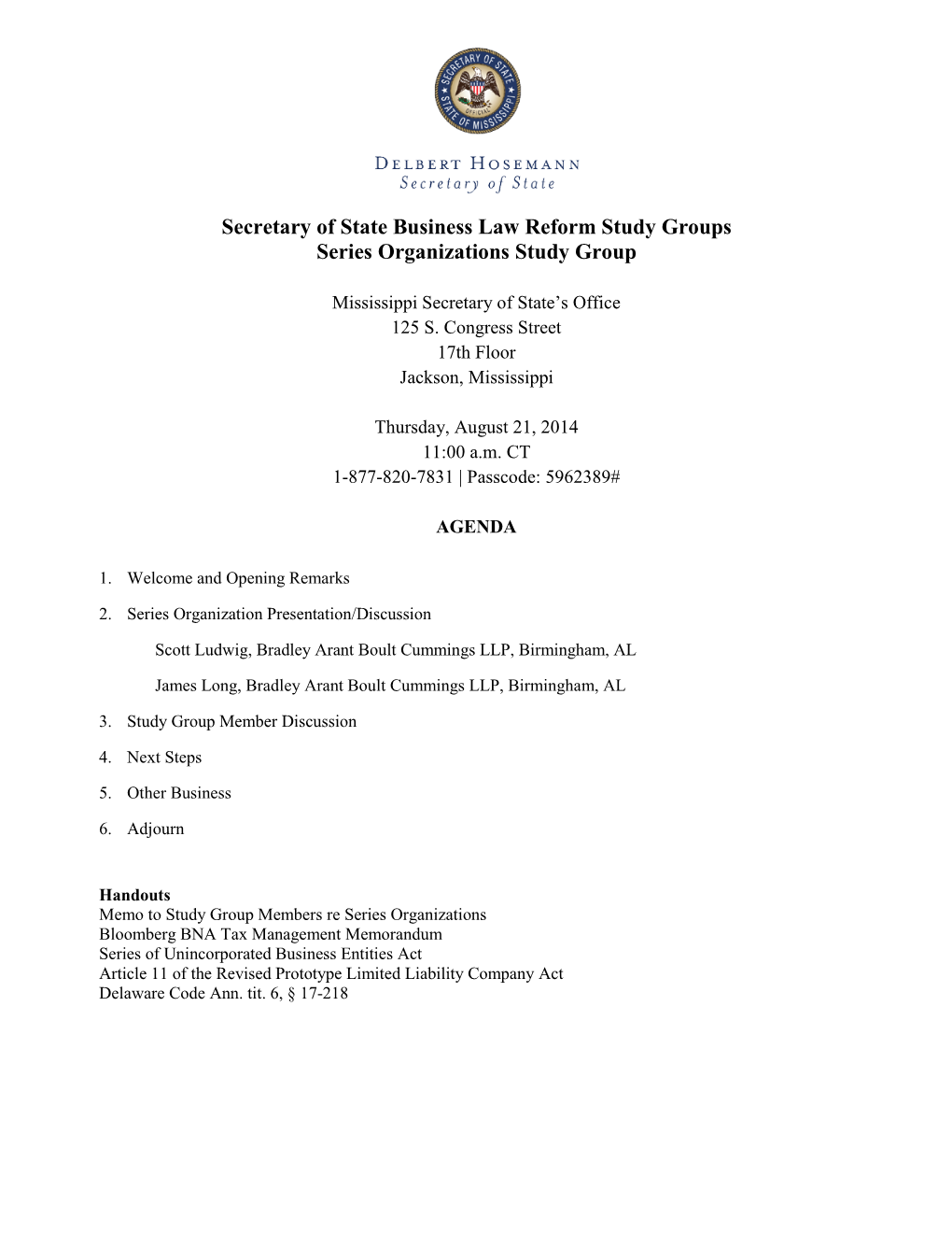 Secretary of State Business Law Reform Study Groups Series Organizations Study Group