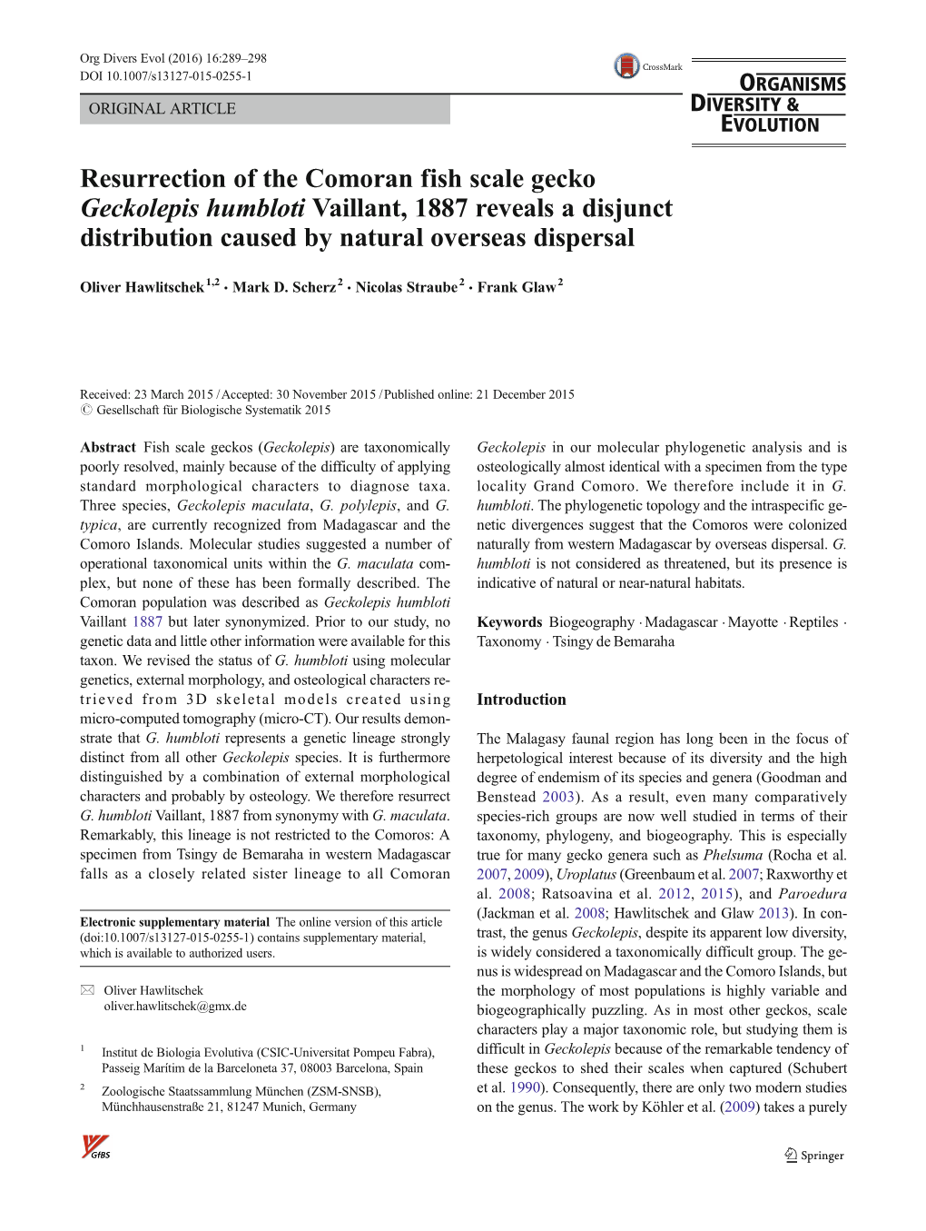 Resurrection of the Comoran Fish Scale Gecko Geckolepis Humbloti Vaillant, 1887 Reveals a Disjunct Distribution Caused by Natural Overseas Dispersal