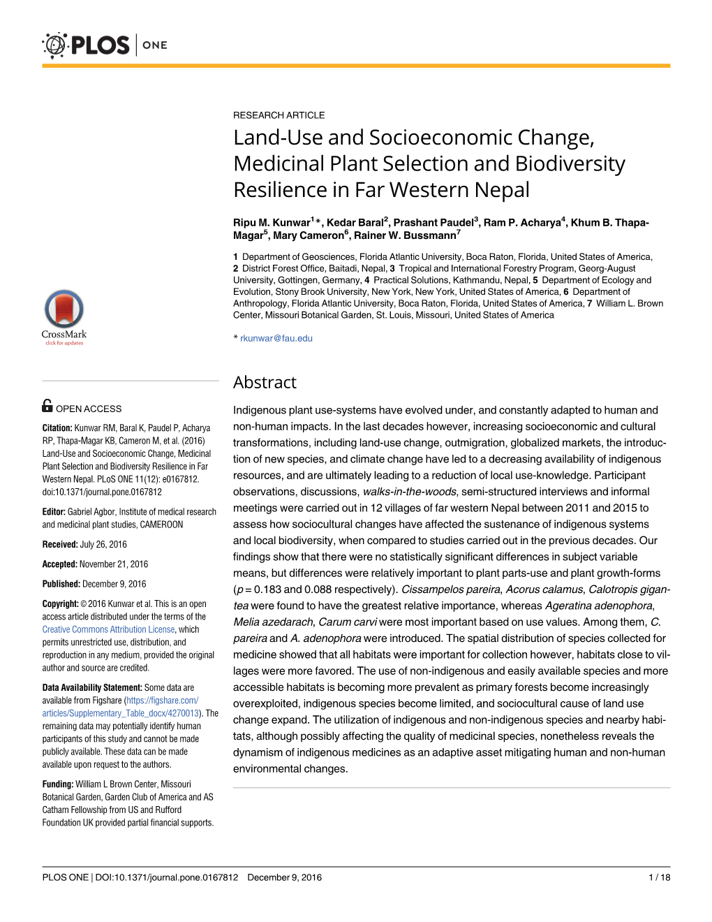 Land-Use and Socioeconomic Change, Medicinal Plant Selection and Biodiversity Resilience in Far Western Nepal