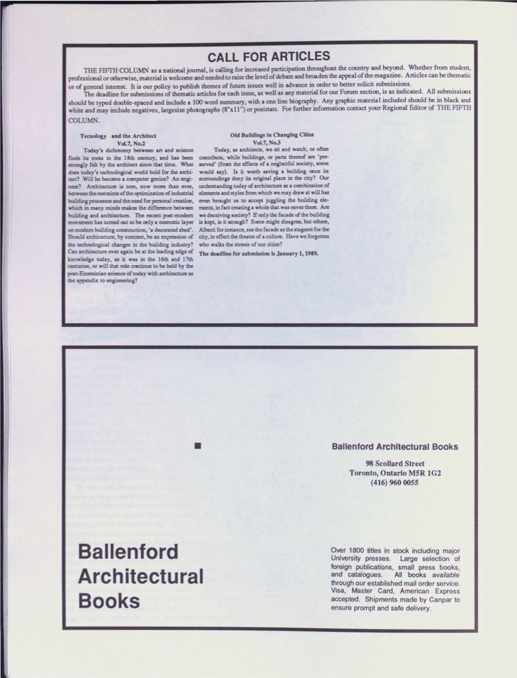 Ballenford Architectural Books 98 Scollard Street Toronto, Ontario M5R 1G2 (416) 960 0055