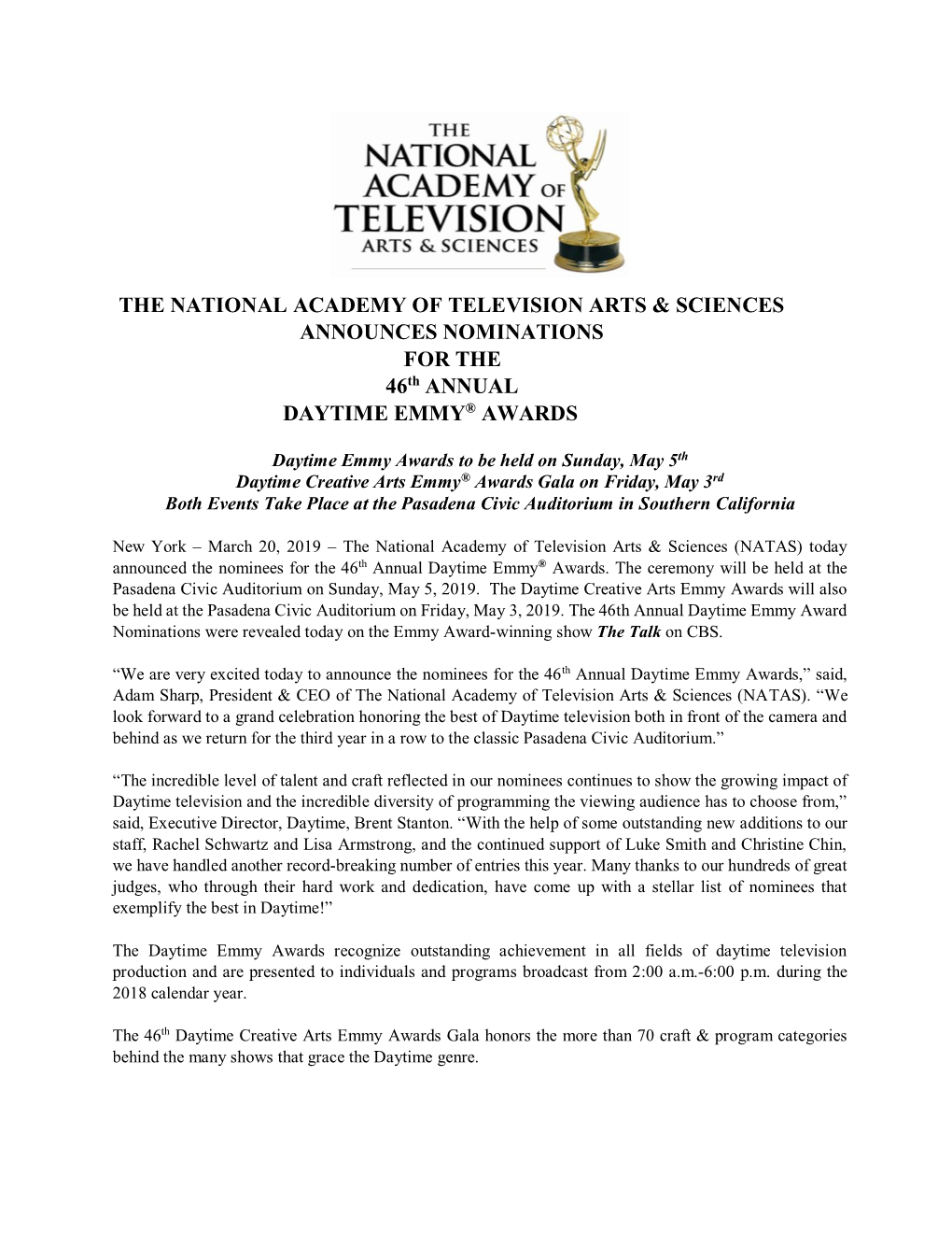 THE NATIONAL ACADEMY of TELEVISION ARTS & SCIENCES ANNOUNCES NOMINATIONS for the 46Th ANNUAL DAYTIME EMMY® AWARDS