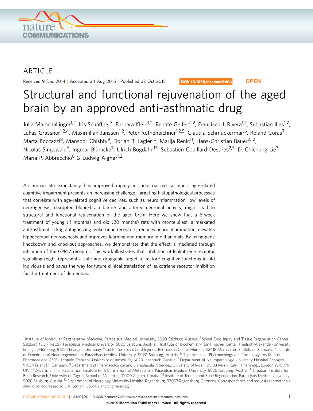 Structural and Functional Rejuvenation of the Aged Brain by an Approved Anti-Asthmatic Drug