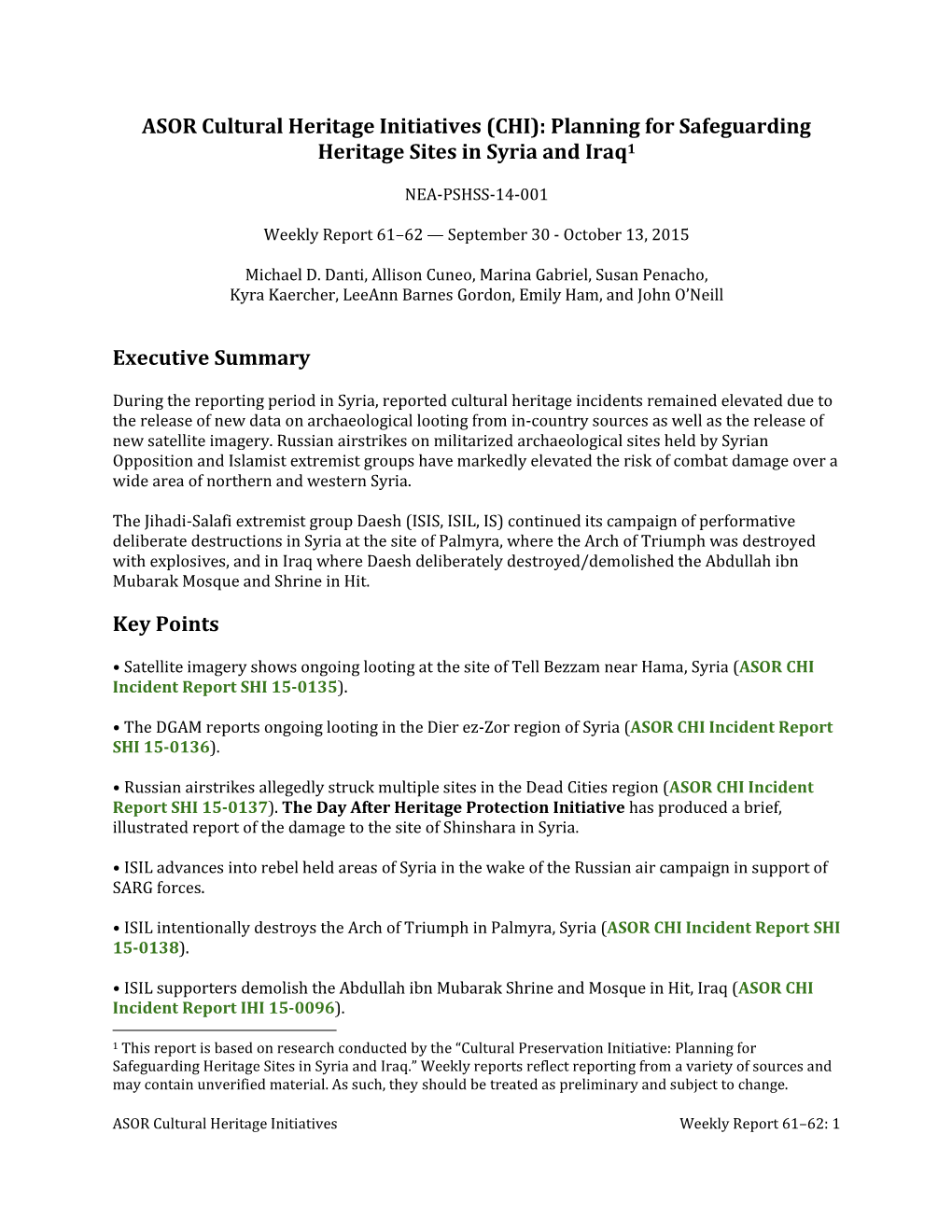 ASOR Cultural Heritage Initiatives (CHI): Planning for Safeguarding Heritage Sites in Syria and Iraq1