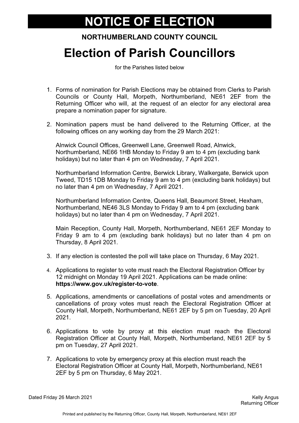 NOTICE of ELECTION Election of Parish Councillors