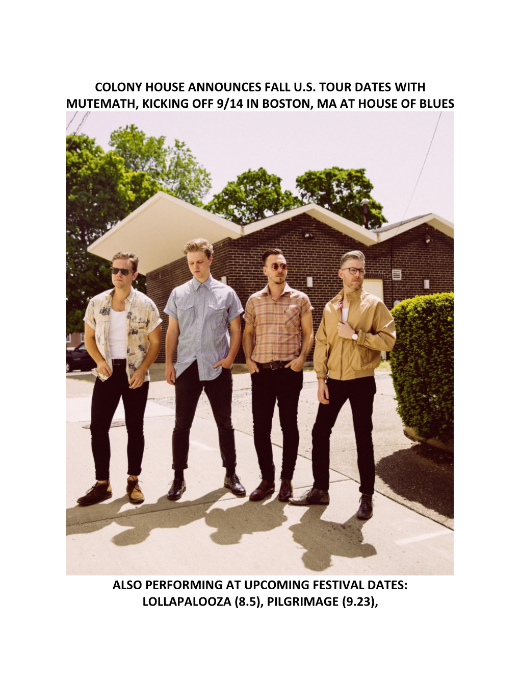 Colony House Announces Fall U.S. Tour Dates with Mutemath, Kicking Off 9/14 in Boston, Ma at House of Blues