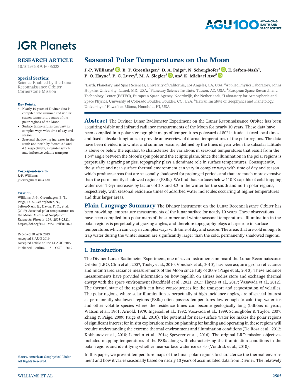 Seasonal Polar Temperatures on the Moon 10.1029/2019JE006028 J.‐P