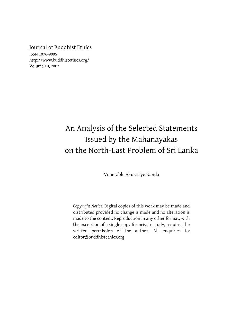 An Analysis of the Selected Statements Issued by the Mahanayakas on the North-East Problem of Sri Lanka