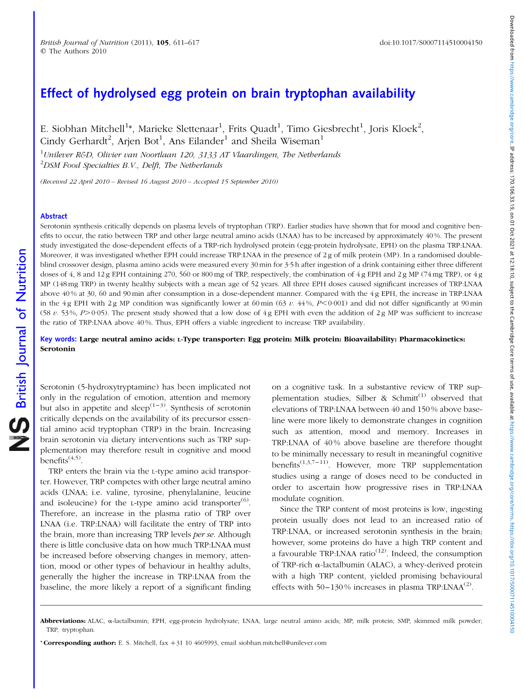 British Journal of Nutrition (2011), 105, 611–617 Doi:10.1017/S0007114510004150 Q the Authors 2010