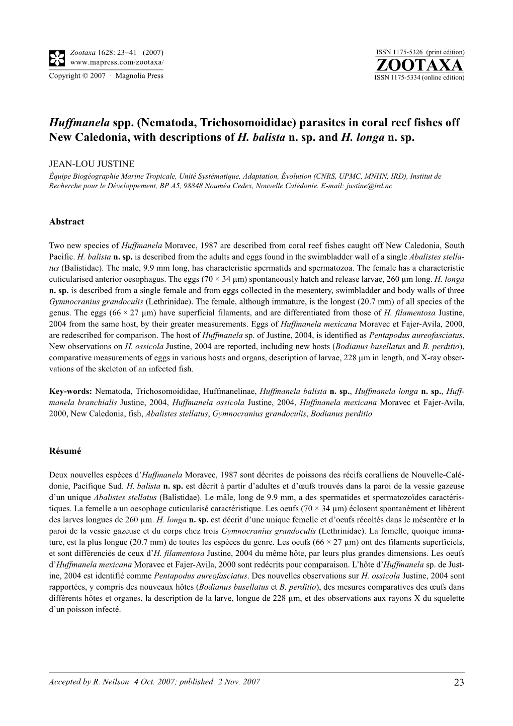 Zootaxa,Huffmanela Spp. (Nematoda, Trichosomoididae