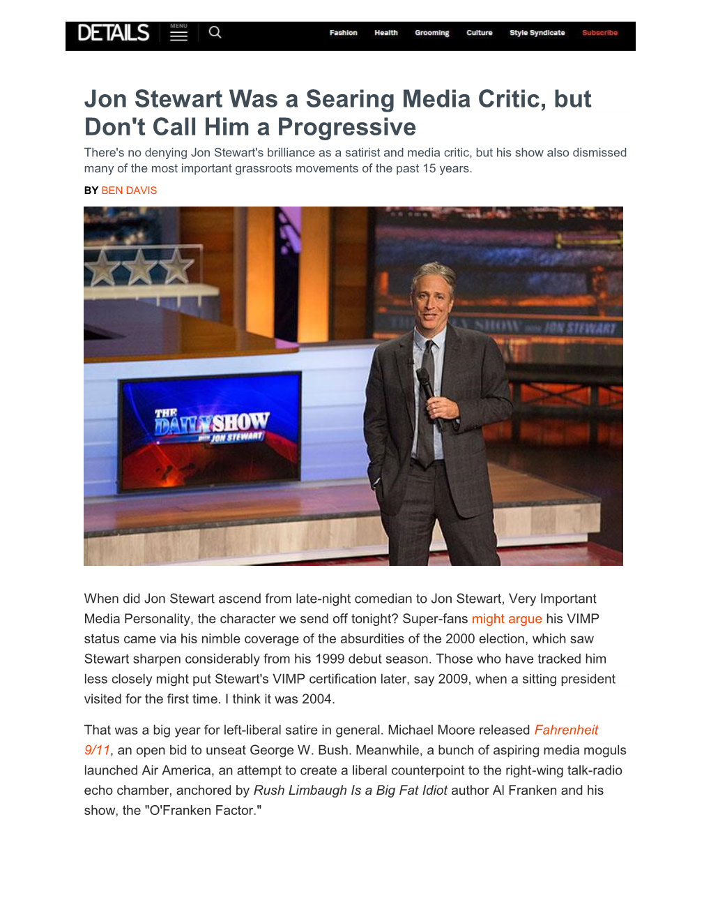 Jon Stewart Was a Searing Media Critic, but Don't Call Him a Progressive