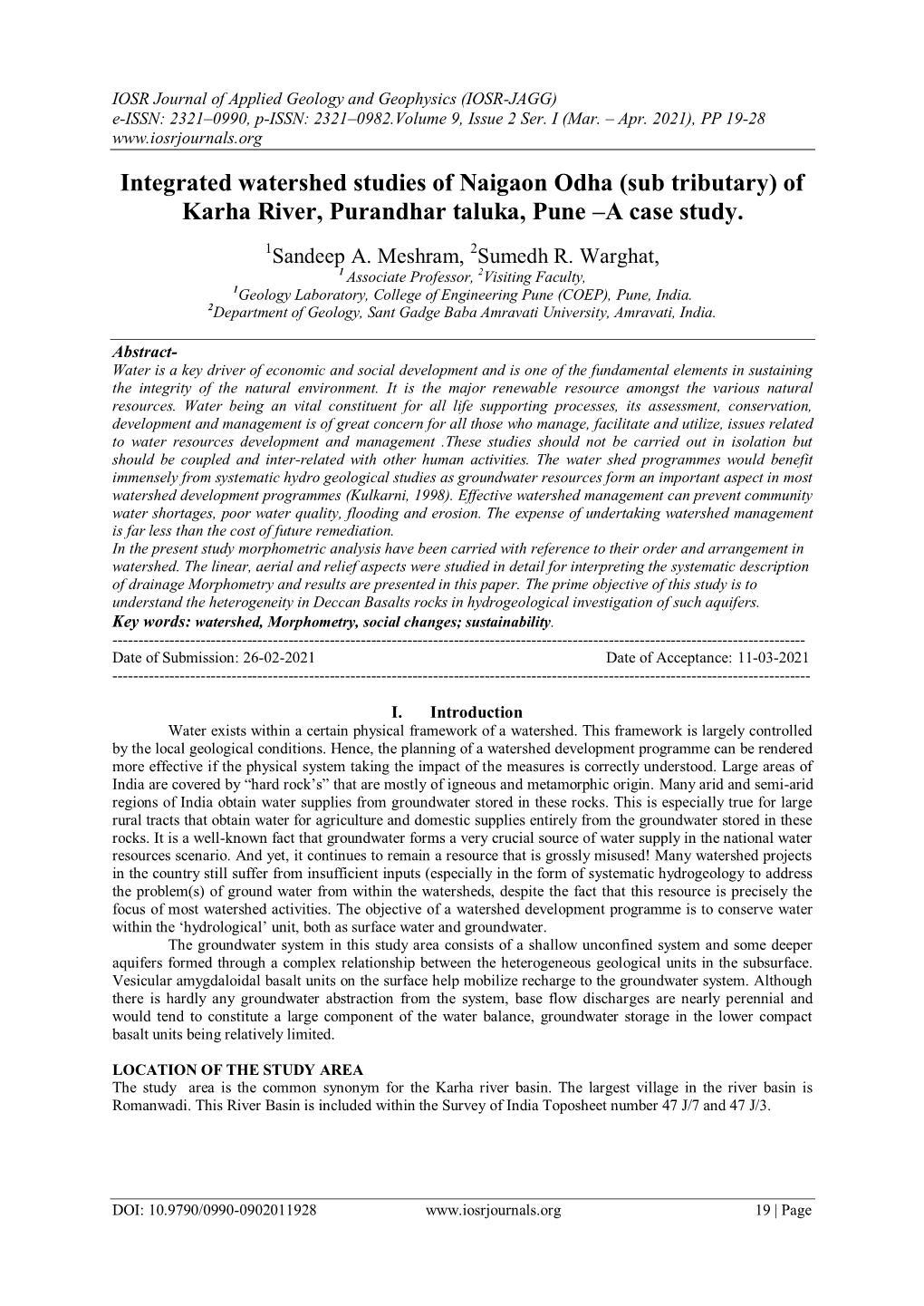 Integrated Watershed Studies of Naigaon Odha (Sub Tributary) of Karha River, Purandhar Taluka, Pune –A Case Study