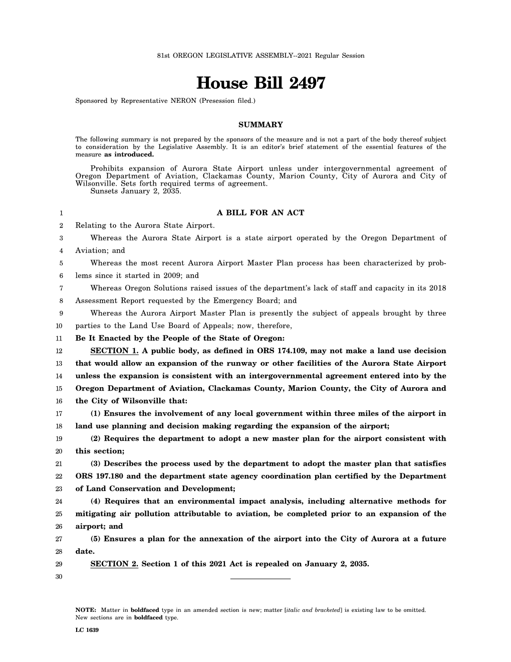 House Bill 2497 Sponsored by Representative NERON (Presession Filed.)