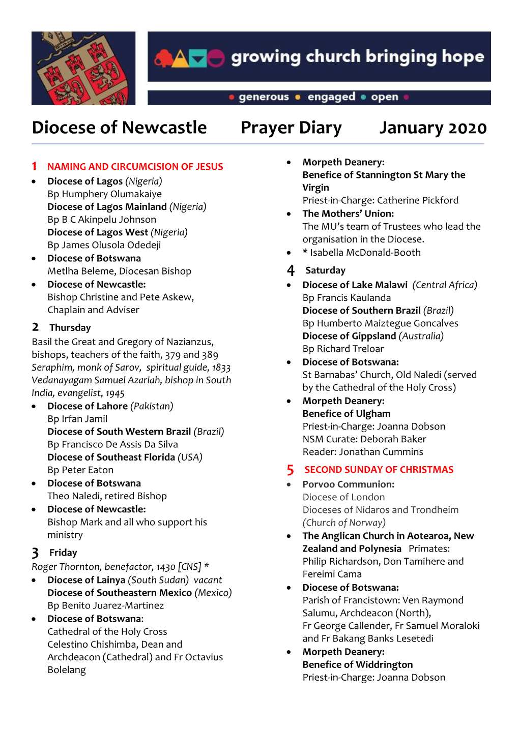 Diocese of Newcastle Prayer Diary January 2020