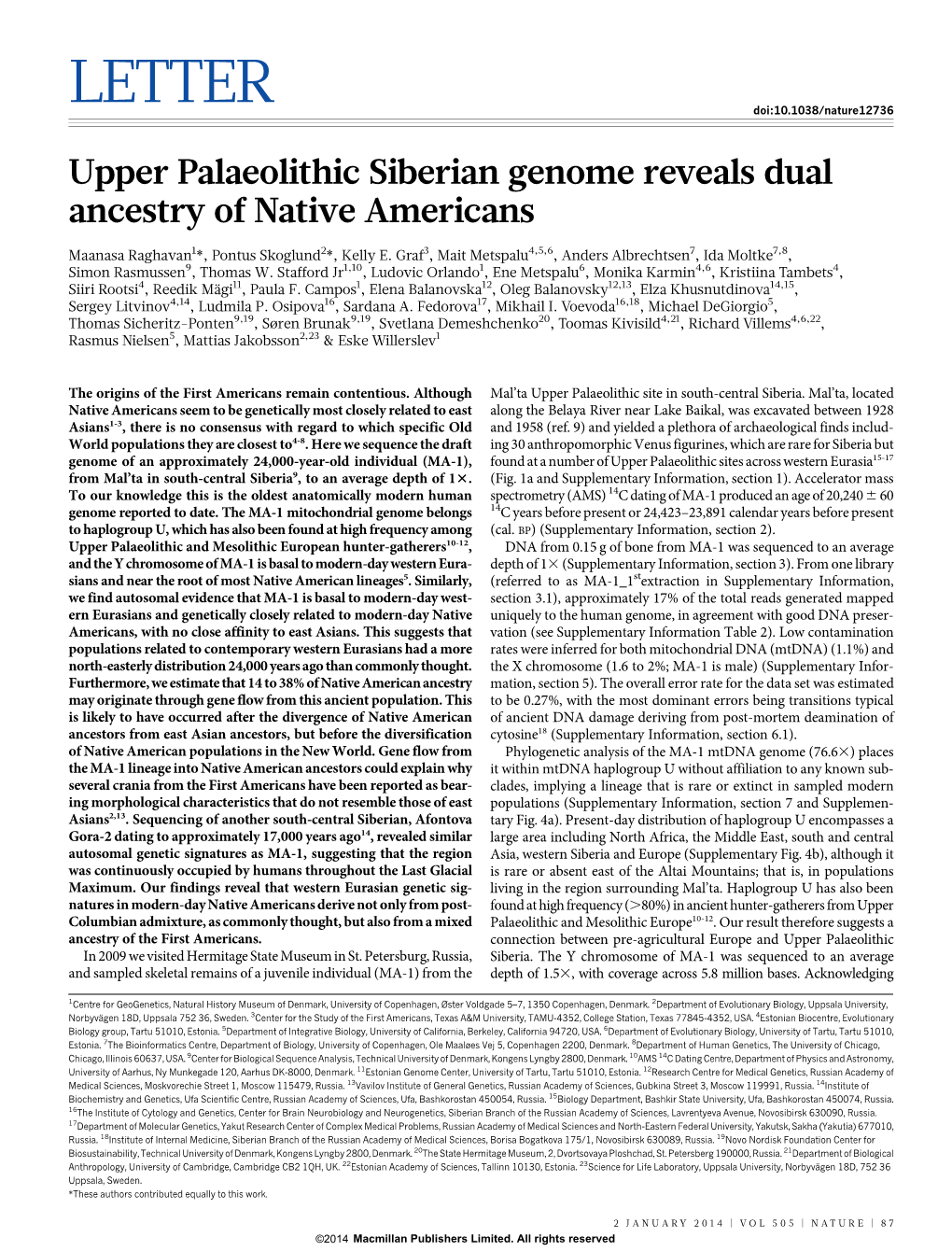 Upper Palaeolithic Siberian Genome Reveals Dual Ancestry of Native Americans