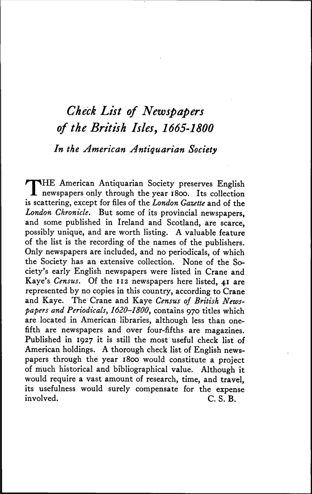 Check List of Newspapers of the British Isles, 1665-1800 in the American Antiquarian Society