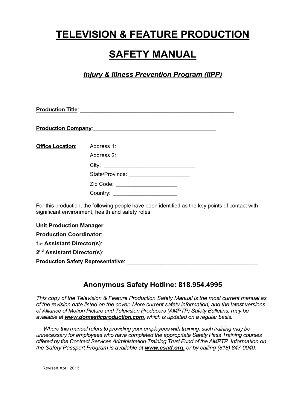 Television & Feature Production Safety Manual