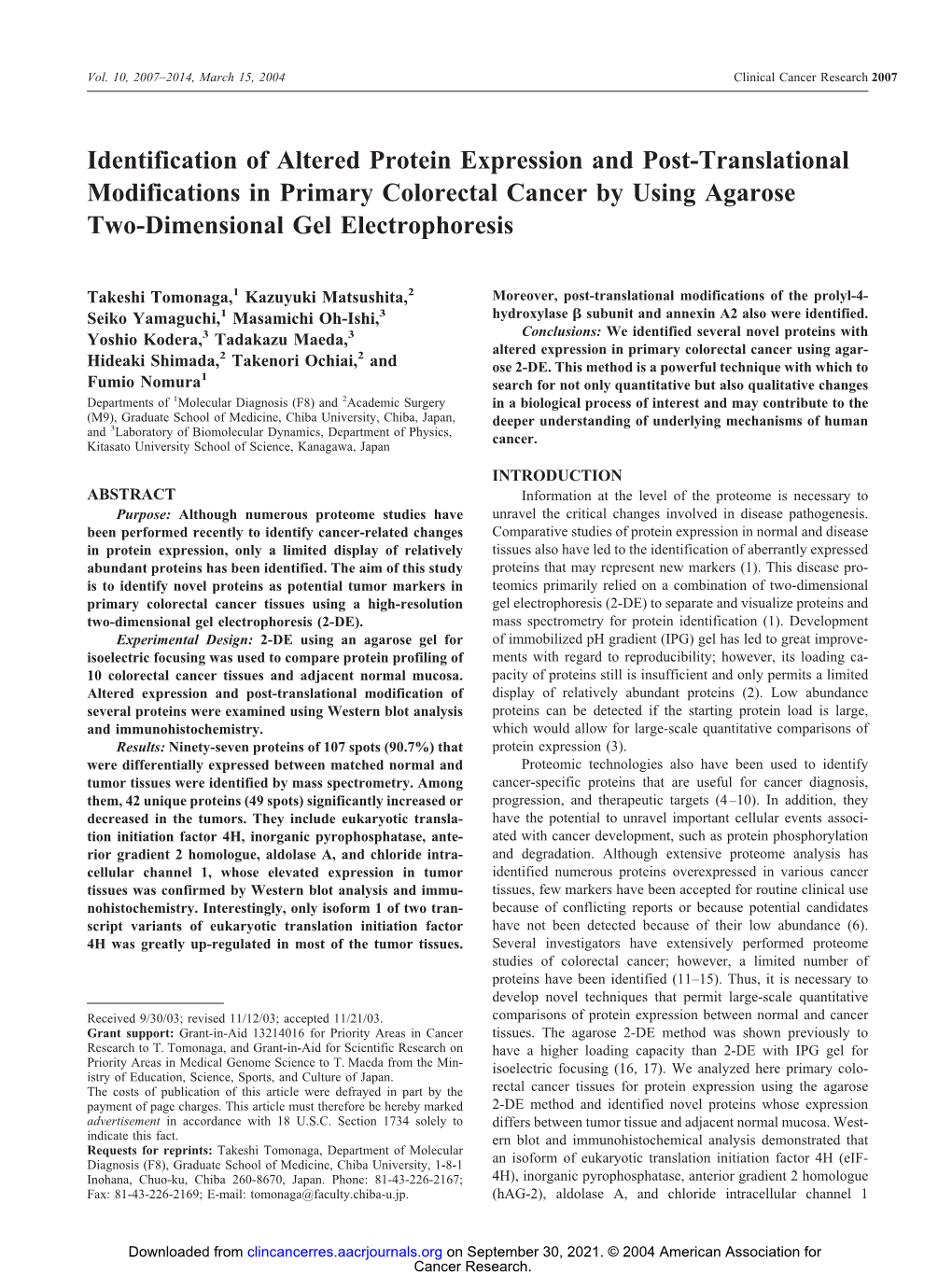 Identification of Altered Protein Expression and Post-Translational Modifications in Primary Colorectal Cancer by Using Agarose Two-Dimensional Gel Electrophoresis