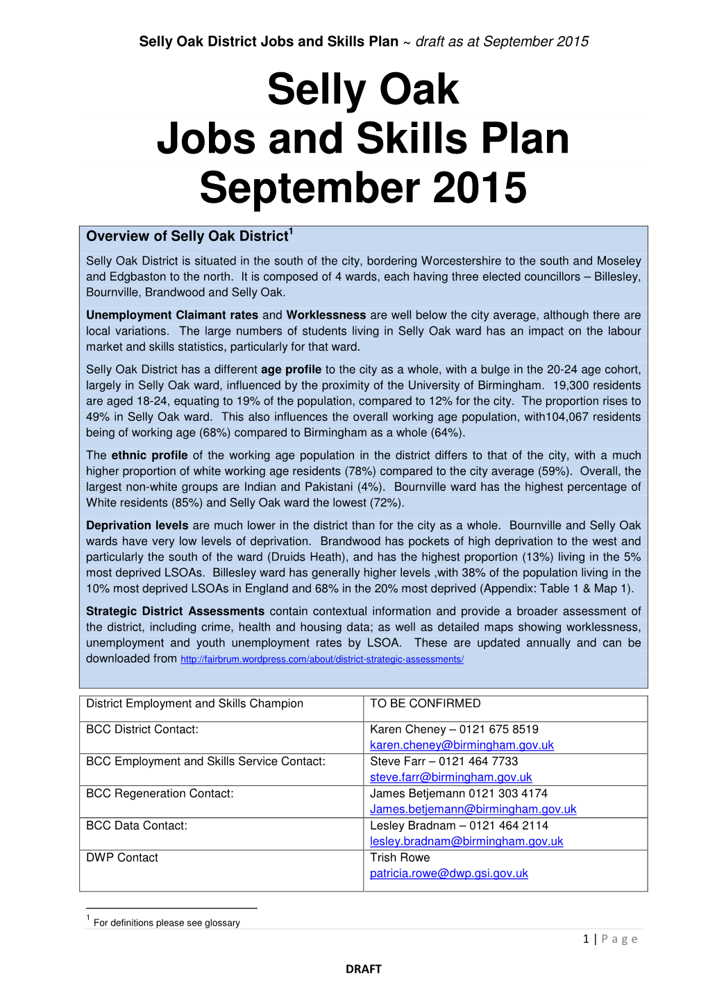 Selly Oak Jobs and Skills Plan September 2015