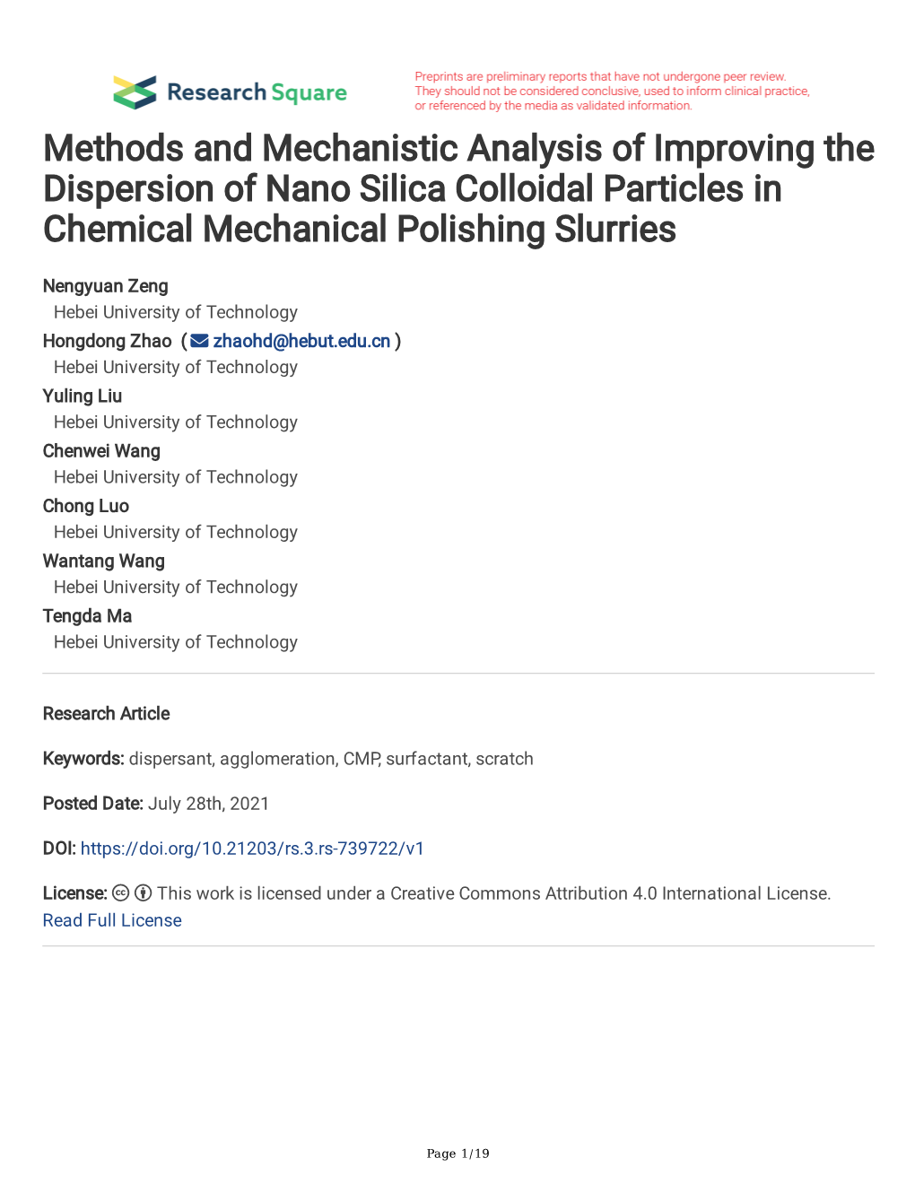 Methods and Mechanistic Analysis of Improving the Dispersion of Nano Silica Colloidal Particles in Chemical Mechanical Polishing Slurries