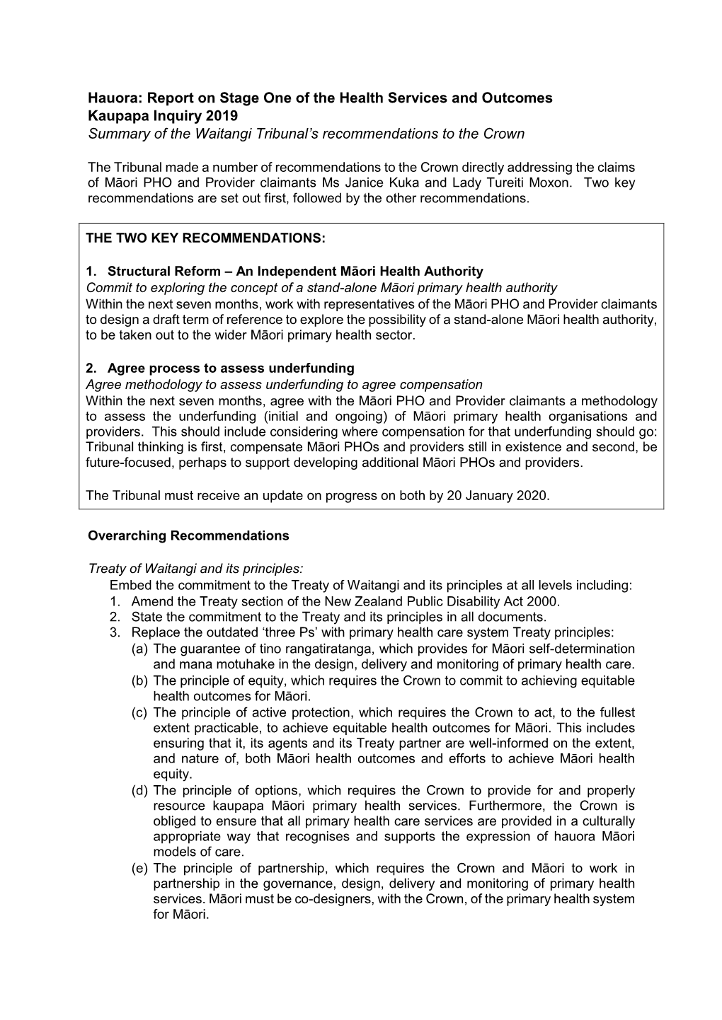 Hauora: Report on Stage One of the Health Services and Outcomes Kaupapa Inquiry 2019 Summary of the Waitangi Tribunal’S Recommendations to the Crown