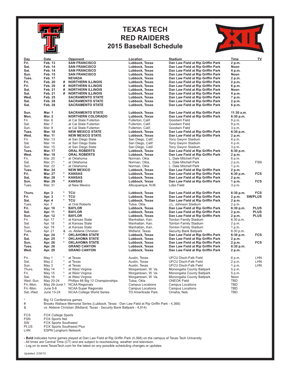 TEXAS TECH RED RAIDERS 2015 Baseball Schedule