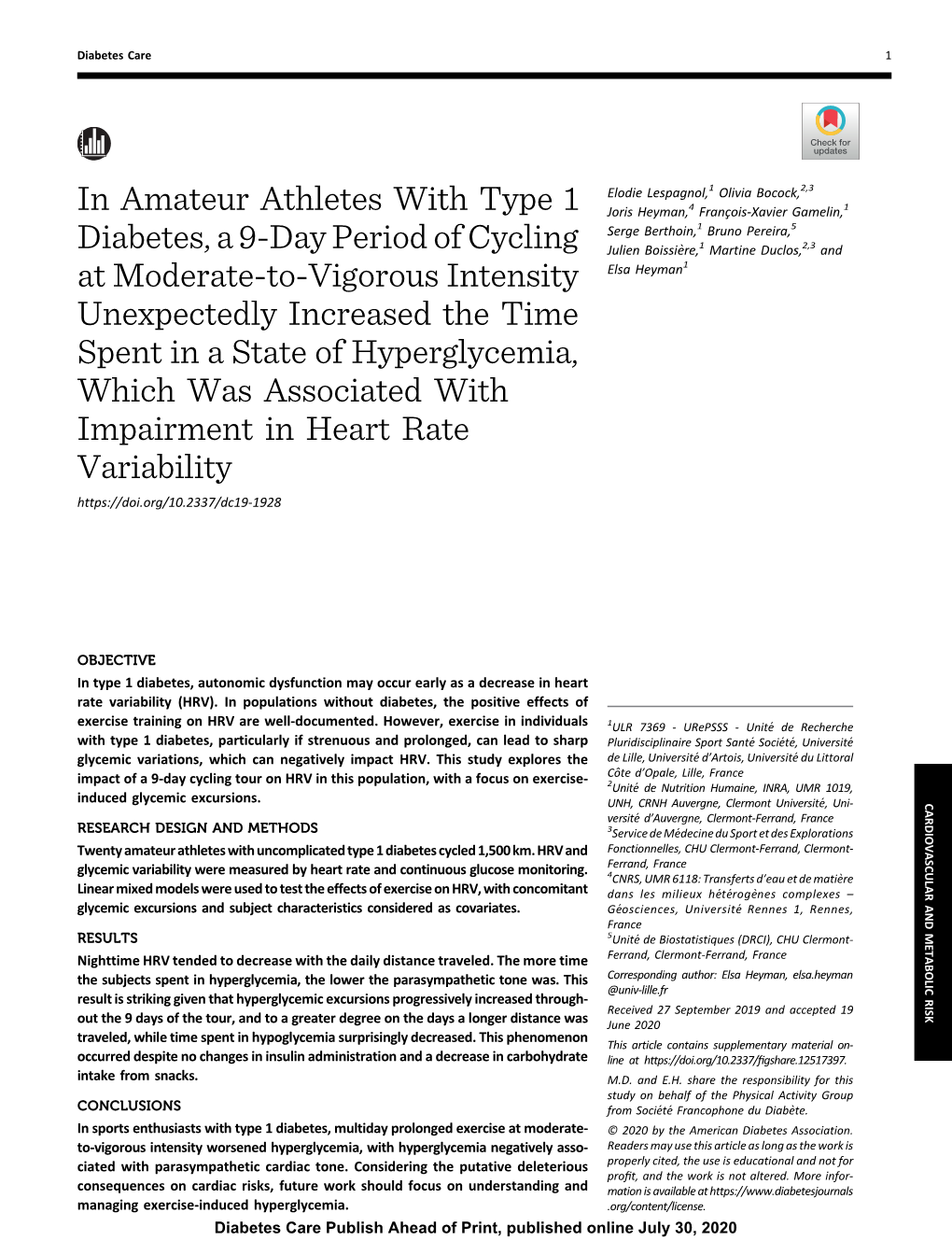 In Amateur Athletes with Type 1 Diabetes, a 9-Day Period of Cycling