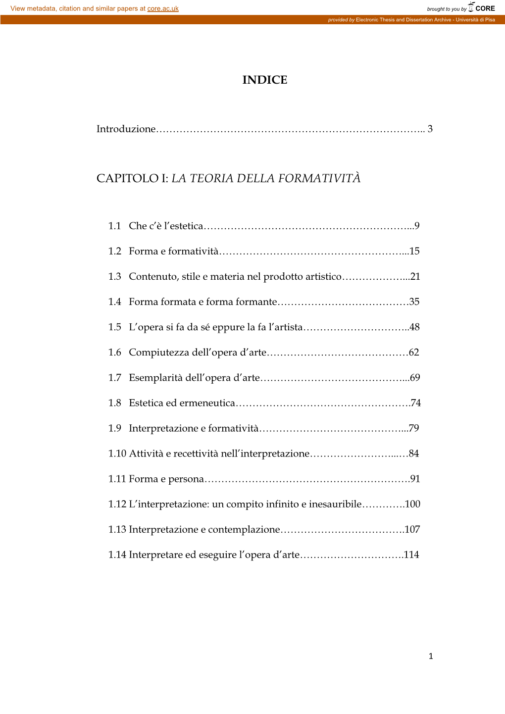 Indice Capitolo I: La Teoria Della Formatività