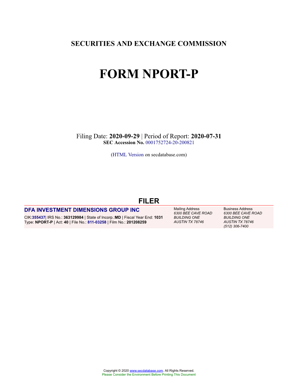 DFA INVESTMENT DIMENSIONS GROUP INC Form NPORT-P Filed 2020-09-29