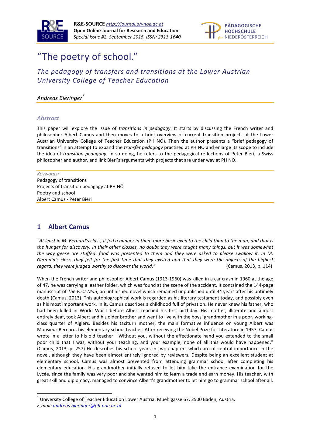 “The Poetry of School.” the Pedagogy of Transfers and Transitions at the Lower Austrian University College of Teacher Education