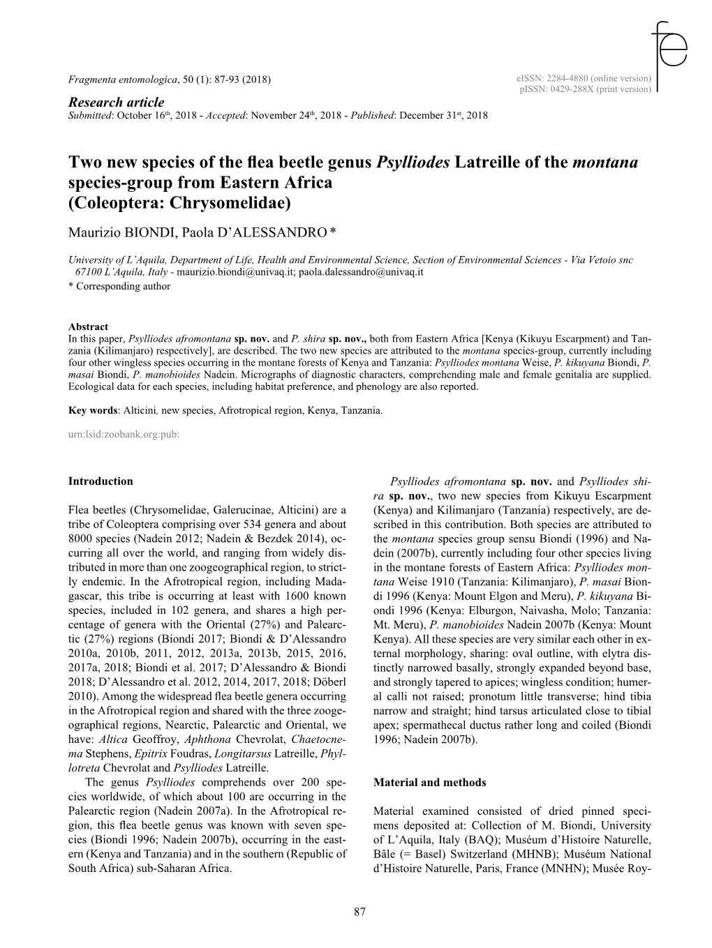 Two New Species of the Flea Beetle Genus Psylliodes Latreille of The