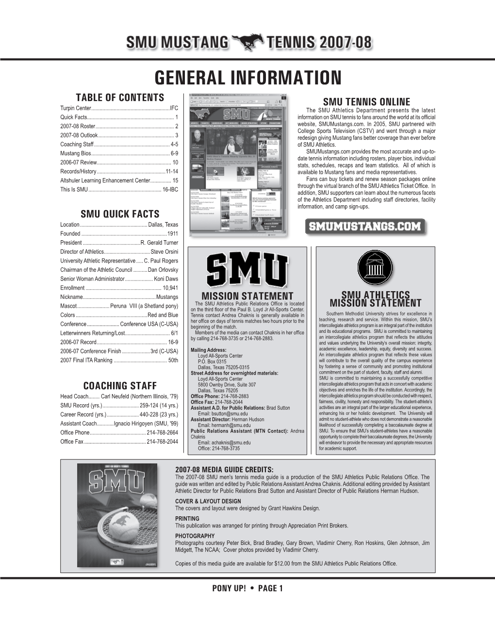 GENERAL INFORMATION TABLE of CONTENTS SMU TENNIS ONLINE Turpin Center