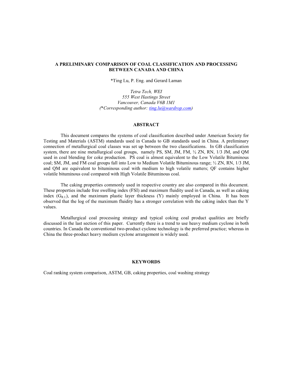 A Preliminary Comparison of Coal Classification and Processing Between Canada and China