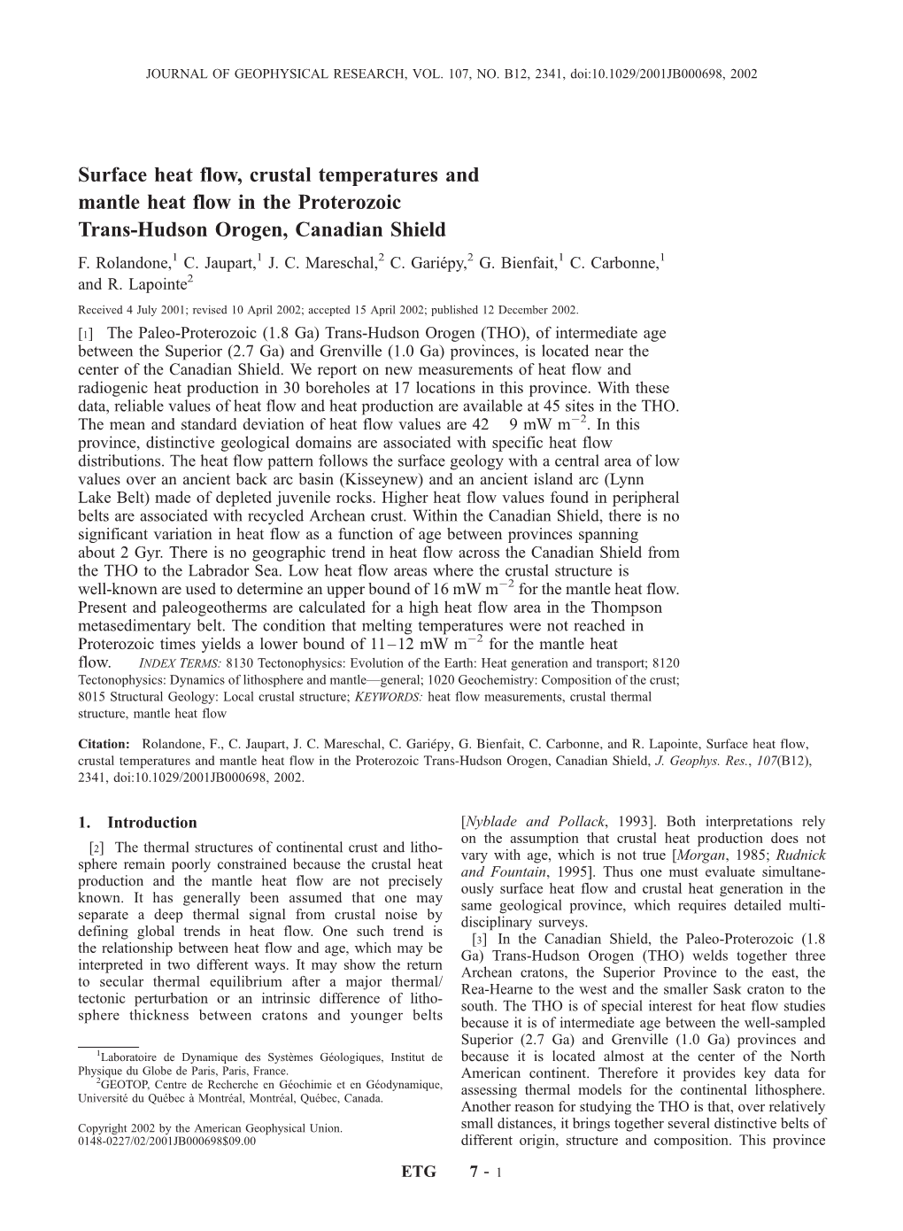 Surface Heat Flow, Crustal Temperatures and Mantle Heat Flow in the Proterozoic Trans-Hudson Orogen, Canadian Shield F