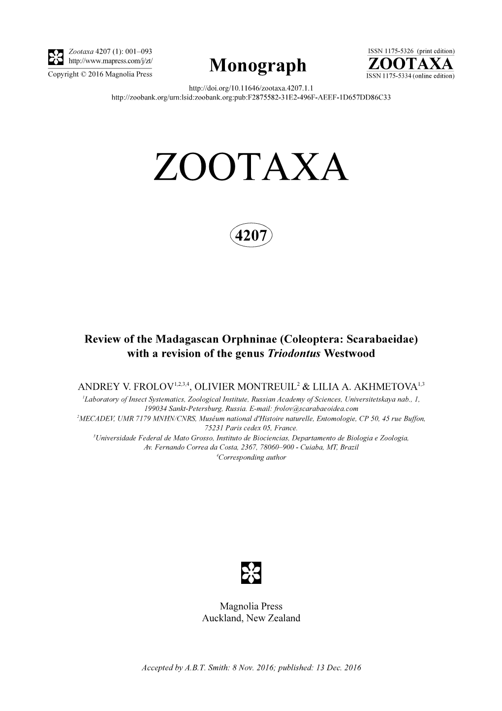 Review of the Madagascan Orphninae (Coleoptera: Scarabaeidae) with a Revision of the Genus Triodontus Westwood