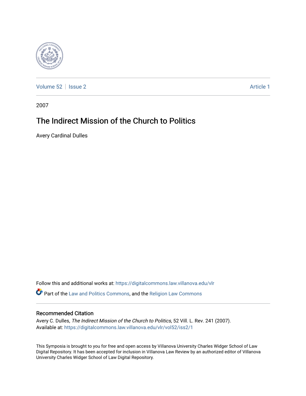 The Indirect Mission of the Church to Politics