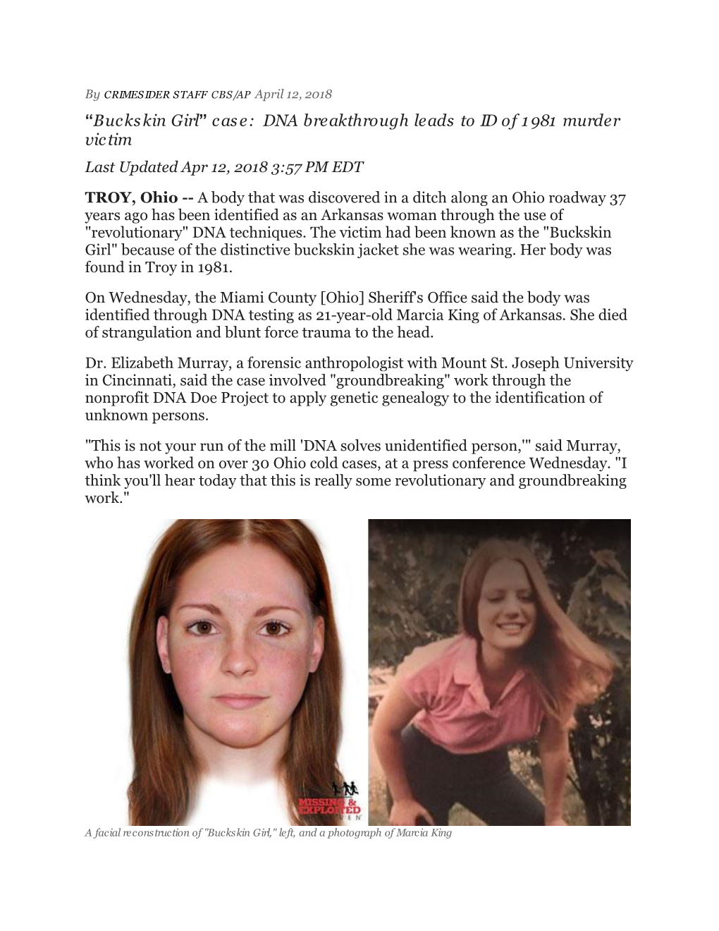 “Buckskin Girl” Case: DNA Breakthrough Leads to ID of 1981 Murder Victim Last Updated Apr 12, 2018 3:57 PM EDT