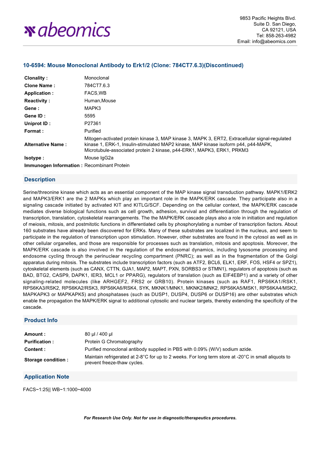 Mouse Monoclonal Antibody to Erk1/2 (Clone: 784CT7.6.3)(Discontinued)