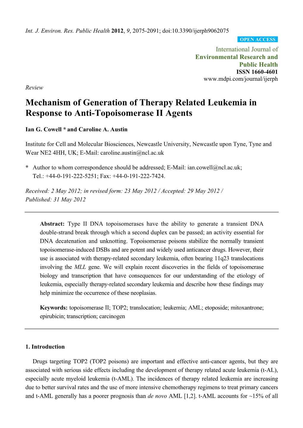 Mechanism of Generation of Therapy Related Leukemia in Response to Anti-Topoisomerase II Agents