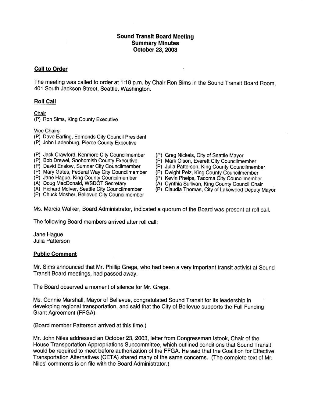 Sound Transit Board Meeting Summary Minutes October 23, 2003