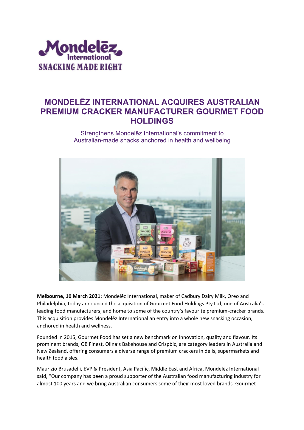 Mondelēz International Acquires Australian Premium Cracker Manufacturer Gourmet Food Holdings